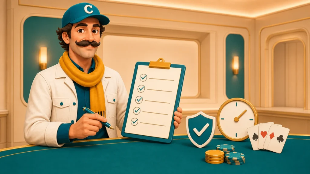 Casimario maskotu canlı casino bonusu şartlarını kontrol listesiyle inceliyor