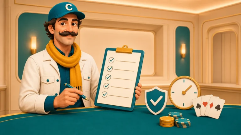 Casimario maskotu canlı casino bonusu şartlarını kontrol listesiyle inceliyor